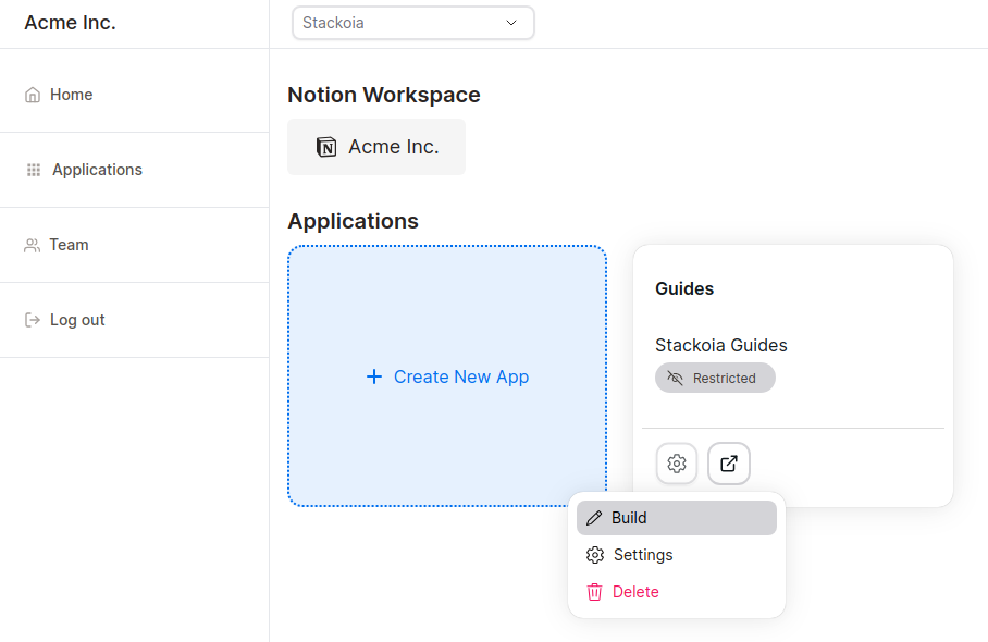 Stackoia dashboard applications hover over build application